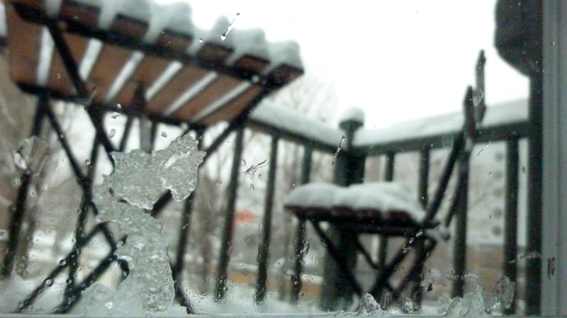 Looking through a snowy window at Montreal