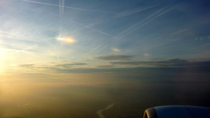 Jet trails from a plane over Paris