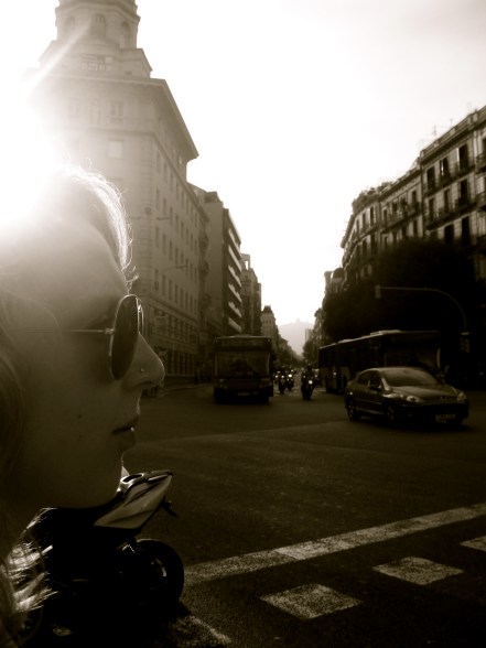 Sepia, close up girl in sunglasses, street photography