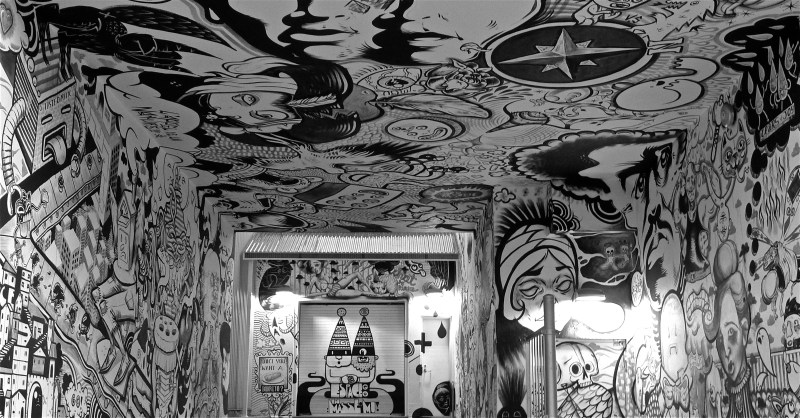 Espace Go Theatre loading dock, graffiti mural, black and white